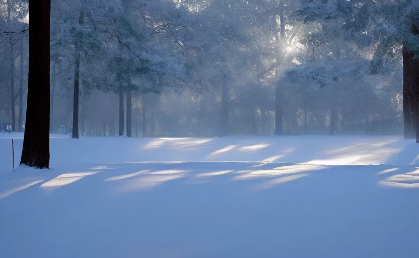 Image similar to augusta national, the masters, but during winter, completely covered in snow, beautiful ambient light, stunning photography, fog, light rays