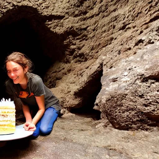 Image similar to an adventurer finding a cake in a dark mysterious cave