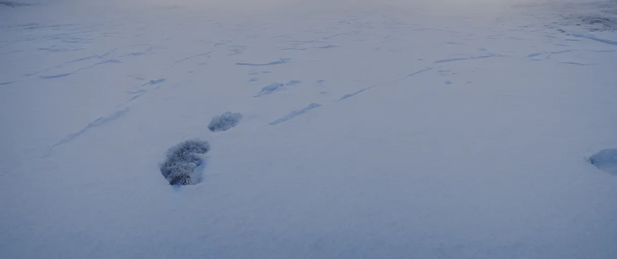 Prompt: a high quality color closeup hd 4 k film 3 5 mm photograph of very heavy blizzard in desolate antarctica with the faint silhouette of a man in the distance leaving a single trail of footsteps in the snow behind him