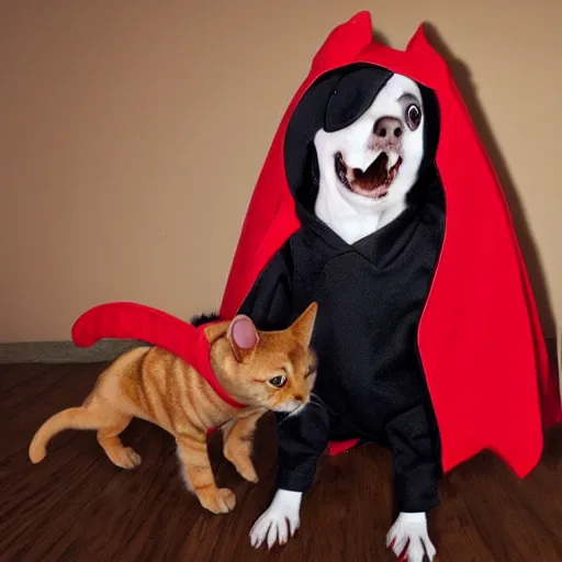 Prompt: Dog dressed in a devil costume barking at cat