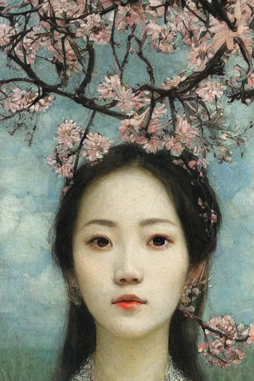 Image similar to close - up fashion asian woman portrait airy flowers sacura cloudy sky art by vasnetsov