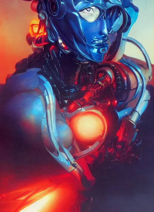 Prompt: ( ( symmetry ) ) closeup portrait of a stunning armored cyborg female pirate captain, strong cinematic light, backlight, red yellow blue, viscous smoke, fluid simulation, mist, by gerald brom, by mikhail vrubel, by peter elson, muted colors, extreme detail, trending on artstation, 8 k