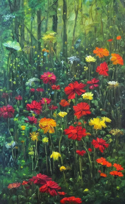 Image similar to hungry flowers in the forest, oil painting by the best painter, emotional, amazing lightning