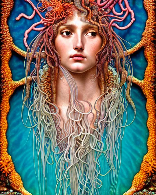 Prompt: hyperrealistic detailed underwater face portrait of the beautiful goddess of the jellyfish with an intricate headgear of corals, sea kelp, sea plants, fish, starfish, jellyfish, art by ernst haeckel, john william godward, android jones, alphonso mucha, gothic - cyberpunk, ornamental, beautiful deep colours,