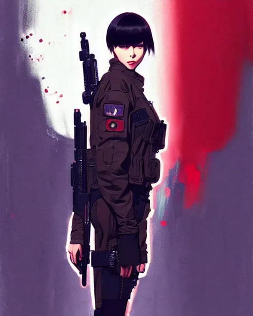 Image similar to girl wearing in tactical gear | | audrey plaza, fine detail!! anime!! realistic shaded lighting!! dramatic!! poster by ilya kuvshinov katsuhiro otomo ghost - in - the - shell, magali villeneuve, artgerm, jeremy lipkin and michael garmash and rob rey