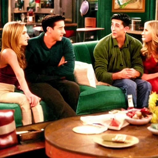 Image similar to still image from friends season 3 coffee shop green couch small cosy new york hd realistic