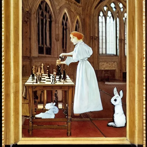 Image similar to a young edwardian woman playing chess against a rabbit inside a church in the style of Carl Larsson