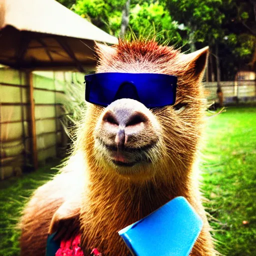 Prompt: super ultra happy capybara smiling at camera while wearing sunglasses and a hawaiian shirt