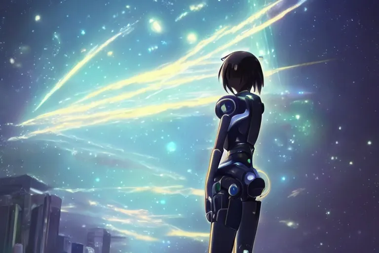 Prompt: makoto shinkai. robotic android girl. futuristic cyberpunk. dystopia. vibrant nebula sky............................................. light sword