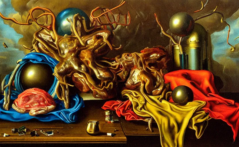 Image similar to strange painting by christian rex van minnen, enticing colorful oil painting dutch golden age vanitas eyes everwhere still life sparse composition with bulbous objects strange transparent surfaces shiny metal reflections bizarre mutant meat insects rachel ruysch dali todd schorr very detailed perfect composition rule of thirds masterpiece canon 5 0 mm, cinematic lighting, photography, retro, film, kodachrome