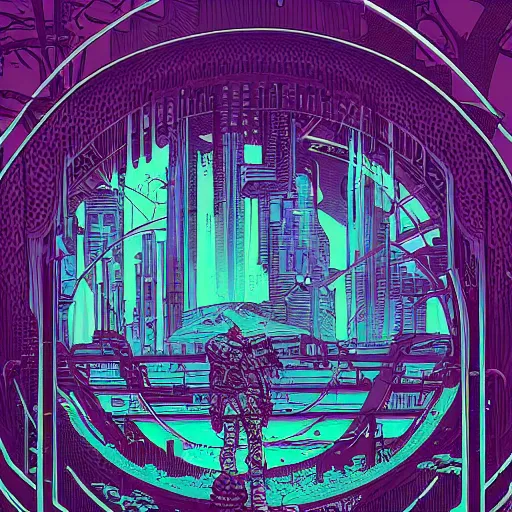 Image similar to Stunningly intricate illustration of single cyberpunk explorer overlooking lush forest, highly detailed, midnight, small glowing orbs by Josan Gonzalez and Dan Mumford , Moebius, Laurie Greasley