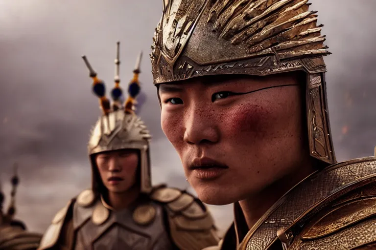 Image similar to vfx film closeup, futuristic mongolian warriors, flat color profile low - key lighting award winning photography arri alexa cinematography, hyper real photorealistic cinematic, atmospheric cool colorgrade