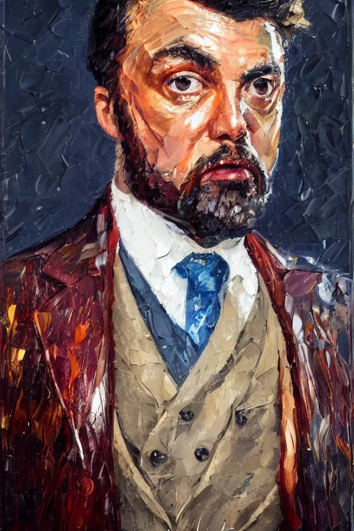 Image similar to palette knife oil painting portrait of graham, a fellow in a three - piece suit and monocle, peering over from his heavy, lacquered oak reception desk, extreme detail, artstation trending, artgerm, any racial background, deviant art, close up, octane, substance, art history 8 k