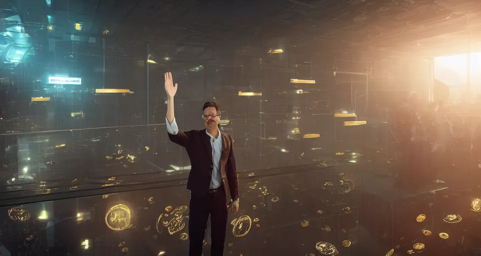 Image similar to Dramatic photo of a CEO waving to a large group of his coworkers in a futuristic office. Golden coins are levitating all around them. 8k, high detail, trending on Artstation, volumetric lighting, cyberpunk