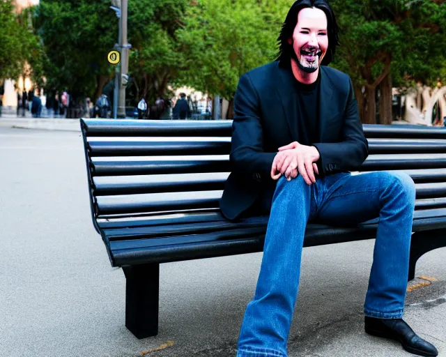 Image similar to 5 5 mm photo of happy keanu reeves in blue jeans and black jacket sitting on a bench in the street. dof. lifelike. ultra detailed. intricate. soft light. nikon d 8 5 0.