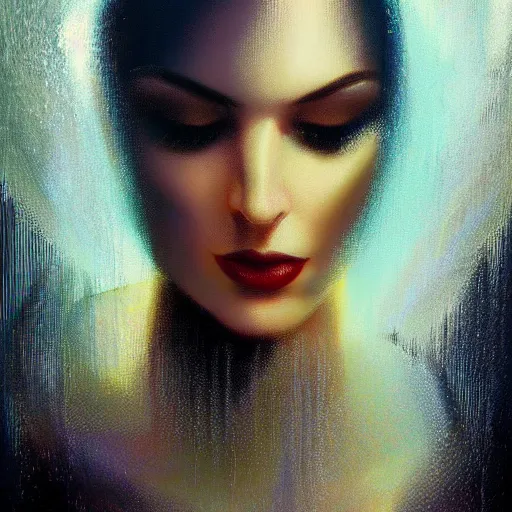 Prompt: detailed face of a woman, lush, opulent, light cascade, shimmer, utopian, tech noir, wet reflections, prism, atmospheric, ambient, pj crook, syd mead, livia prima, artgerm, greg rutkowski, nick alm, casey baugh