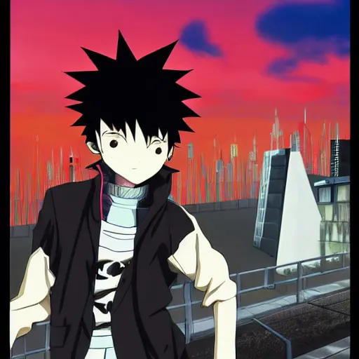 Image similar to japanese goth boy, anime boy, black hair, upturned collar, absurd spiky hair, rollerblading, rollerskates, cel - shading, 2 0 0 1 anime, flcl, jet set radio future, golden hour, japanese town, concentrated buildings, japanese neighborhood, construction site, cel - shaded, strong shadows, vivid hues, y 2 k aesthetic