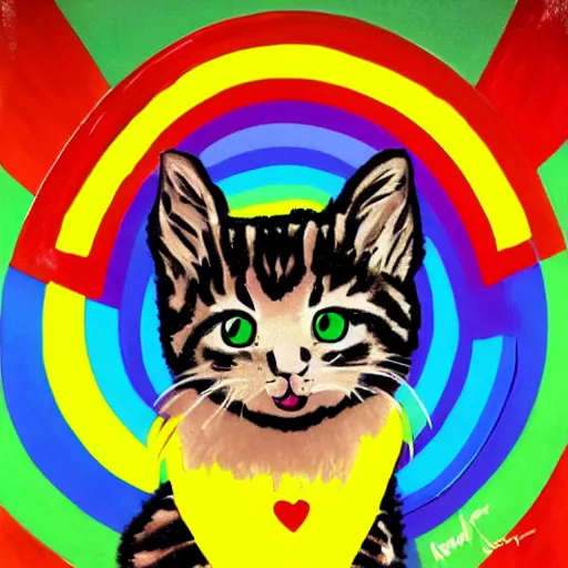 Prompt: rainbow excited smiling kitten. pop art