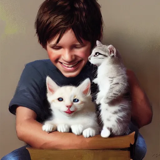 Image similar to a teenage boy smiling at the kitten in his lap. By Craig Mullins and Jordan Grimmer