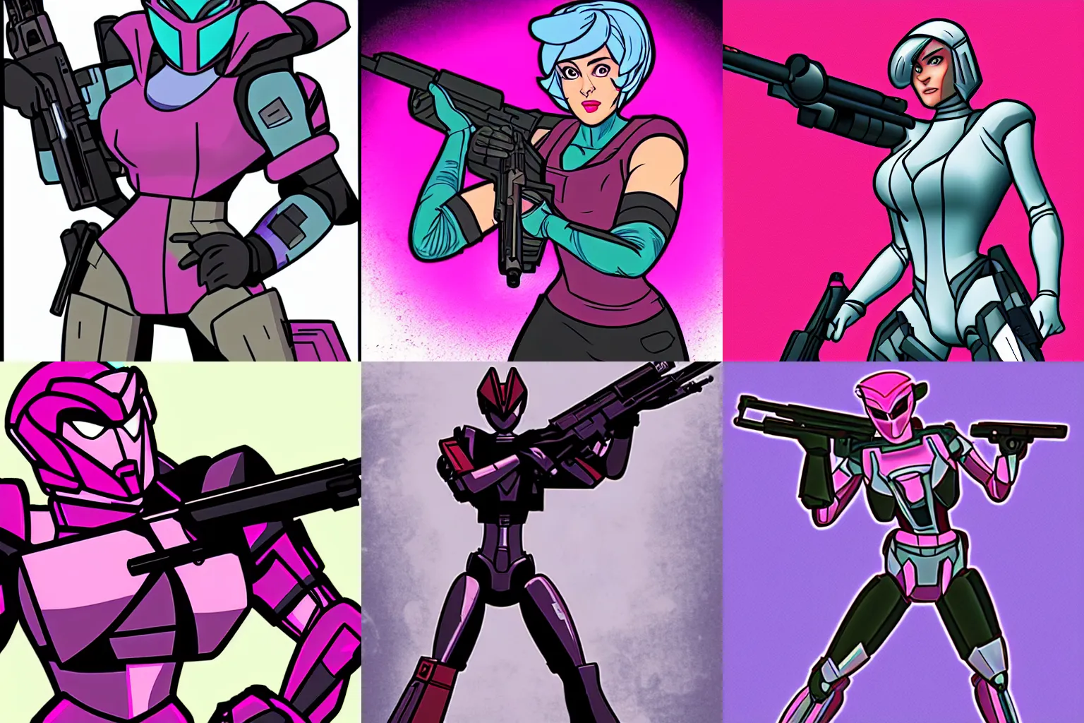 Prompt: Arcee with a rifle, Transformers, retro