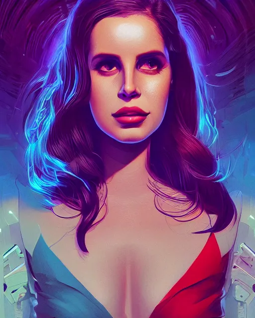 Image similar to portrait of lana del rey as a cyborg. intricate abstract. intricate artwork, by tooth wu, wlop, beeple, dan mumford. concept art, octane render, trending on artstation, greg rutkowski very coherent symmetrical artwork. cinematic, key art, hyper realism, high detail, octane render, 8 k, iridescent accents