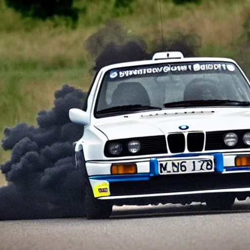 Prompt: greta thunberg driving a bmw m 3 e 3 0, spewing black smoke from exhaust