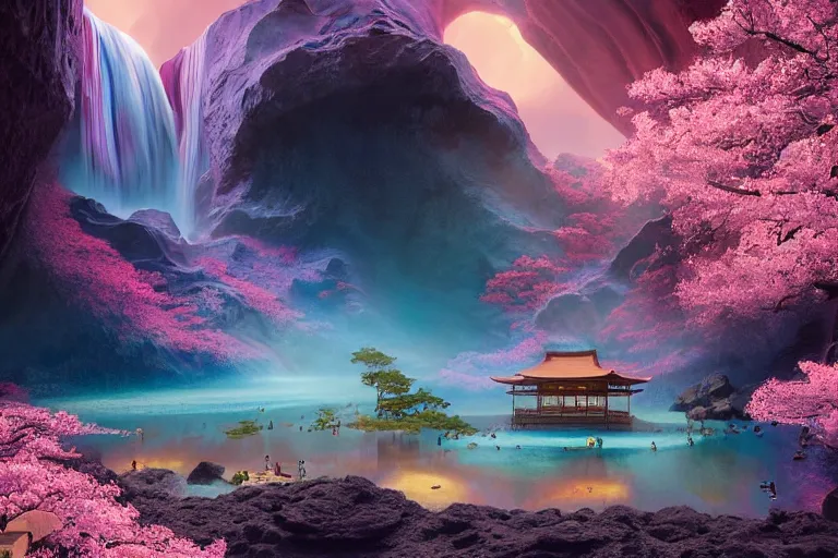 Prompt: seiganto - ji in japan theme on holokalani black beach of maui in royal blue antelope canyon during sakura season on an interstellar aurora borealis with heavy thunder and lightning, pink waterfalls, passion flower, by peter mohrbacher, james jean, james gilleard, greg rutkowski, vincent di fate, rule of thirds, octane render, beautiful landscape