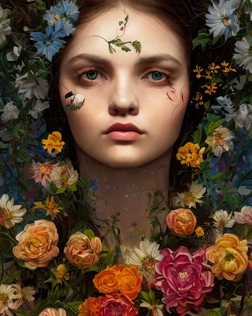 Prompt: symmetrical portrait of a 2 5 year old girl, surrounded by flowers by karol bak, james jean, tom bagshaw, rococo, sharp focus, trending on artstation, cinematic lighting, hyper realism, octane render, 8 k, hyper detailed.