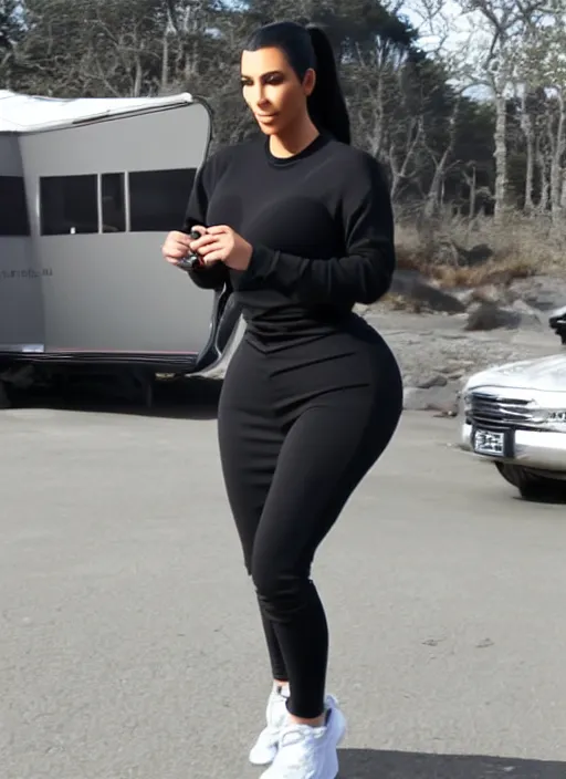 Prompt: Kim kardashian wearing a tracksuit, backround: caravan, uhd, photo: realistic, 4k, cinematic, faint light, wide shot, cigarette in hand