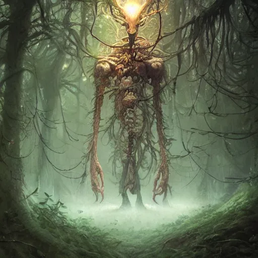 Image similar to highly detailed creepy forest humanoide creature, stephen bliss, tony tony chopper, unreal engine, fantasy art by greg rutkowski, loish, rhads, ferdinand knab, makoto shinkai and lois van baarle, ilya kuvshinov, rossdraws, tom bagshaw, global illumination, radiant light, detailed and intricate environment