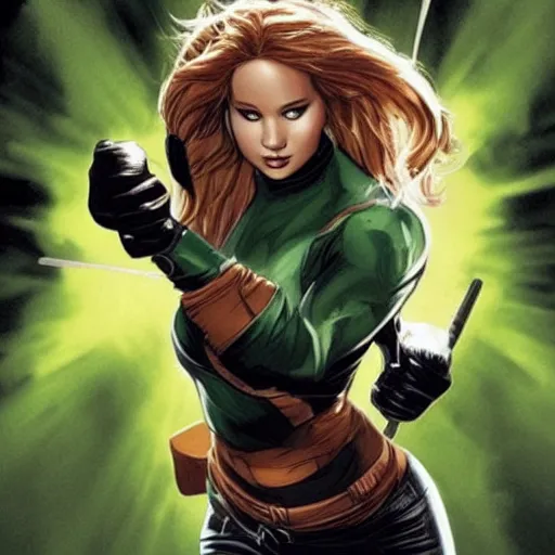 Image similar to Jennifer Lawrence as Rogue, from x-men (comics)