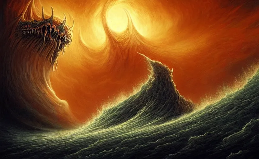 Image similar to beautiful digital fantasy illustration of a demon holding a staff!!, hellish background, a giant wave in the sky, apocalypse art!!!!, apocalypse landscape!!!!!, lovecraftian!!, cosmic horror!!!, concept art by Jarosław Jaśnikowski, a detailed matte painting by Dan Luvisi, cgsociety, fantasy art, highly detailed, soft lighting, rendered in octane, masterpiece, very very very aesthetic
