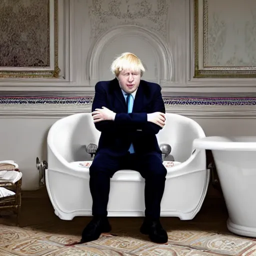 Image similar to Boris Johnson sitting inside a bathtub filled with beans