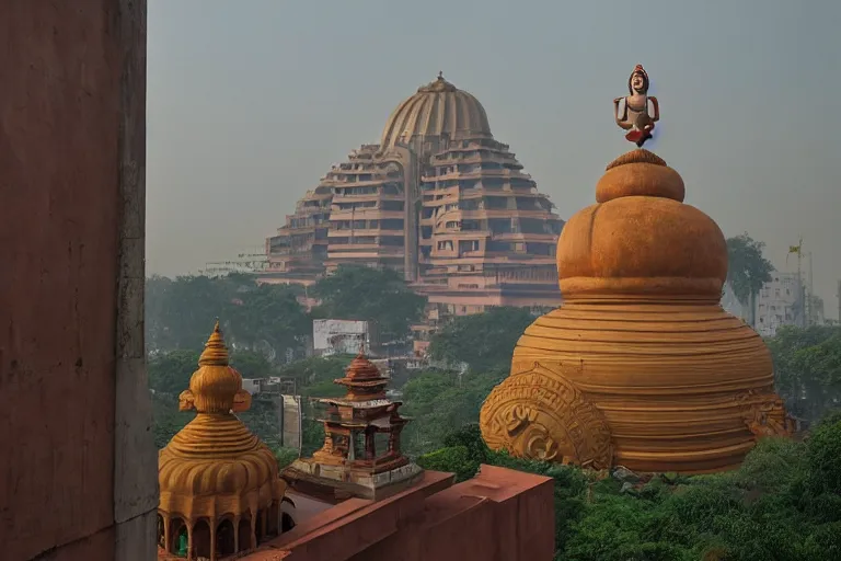 Image similar to beautiful dreamscape! biomorphic new delhi, hanuman!! head building, kalighat, octane photorealistic cinematic, stephen shore & john j. park, soft morning light, wide shot, high angle, uhd 8 k, deep focus