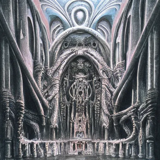 Image similar to monstrous and twisted cathedral with an altar that has a statue to many eyed veiny and four armed cthulhu, tentacles twisting in lotus position. in the style of hr giger and zdzisław beksinski gloom misty glow oil painting biomechanical