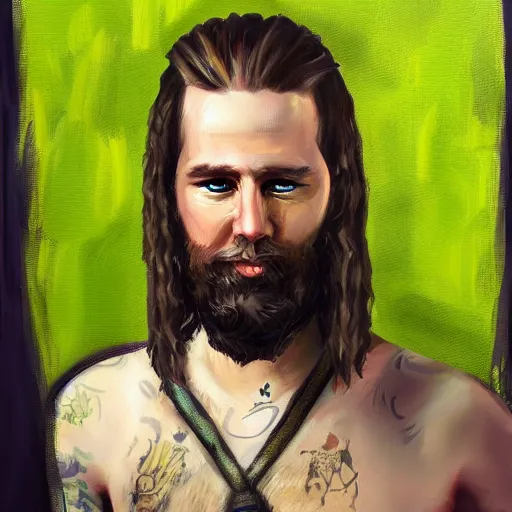 Image similar to oil painting of sean mcloughlin with a man bun as an irish viking in the style of steve argyle, fantasy painting