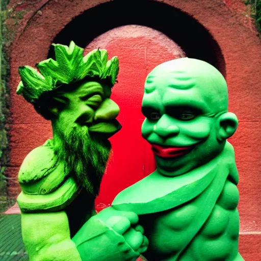 Prompt: a big green man holding a small red man. they are both laughing. 3 5 mm photo