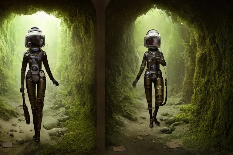 Image similar to a futuristic steampunk female astronaut full body, young face, steampunk astronaut, walking inside a very lush mossy cave by Bastien Lecouffe-Deharme and marc simonetti natural volumetric lighting, realistic, 8k, octane render, beautifully detailed render, 4k post-processing