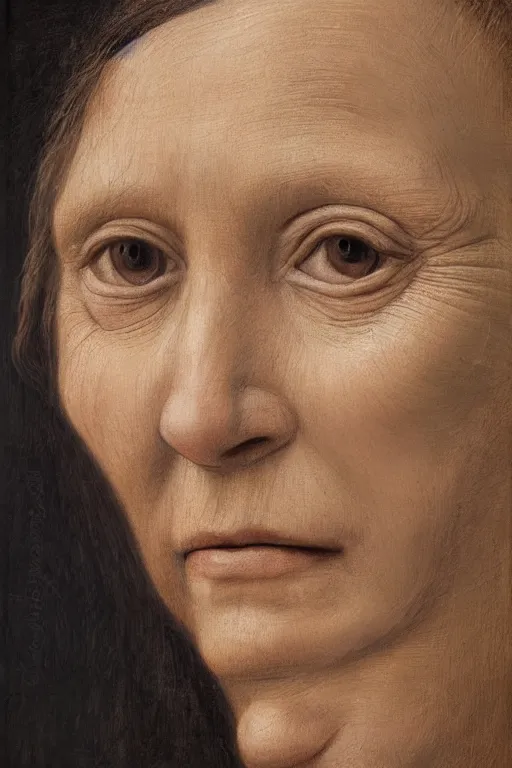 Prompt: hyperrealism close-up portrait a face divided in half into young and old in style of da Vinci