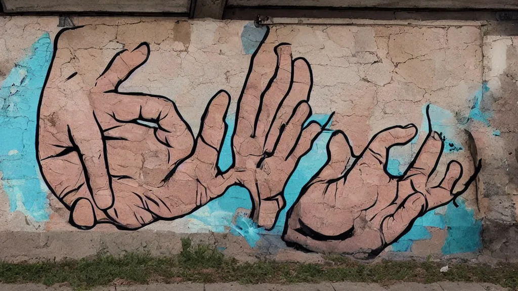 Prompt: mural of a hand breaking through a wall