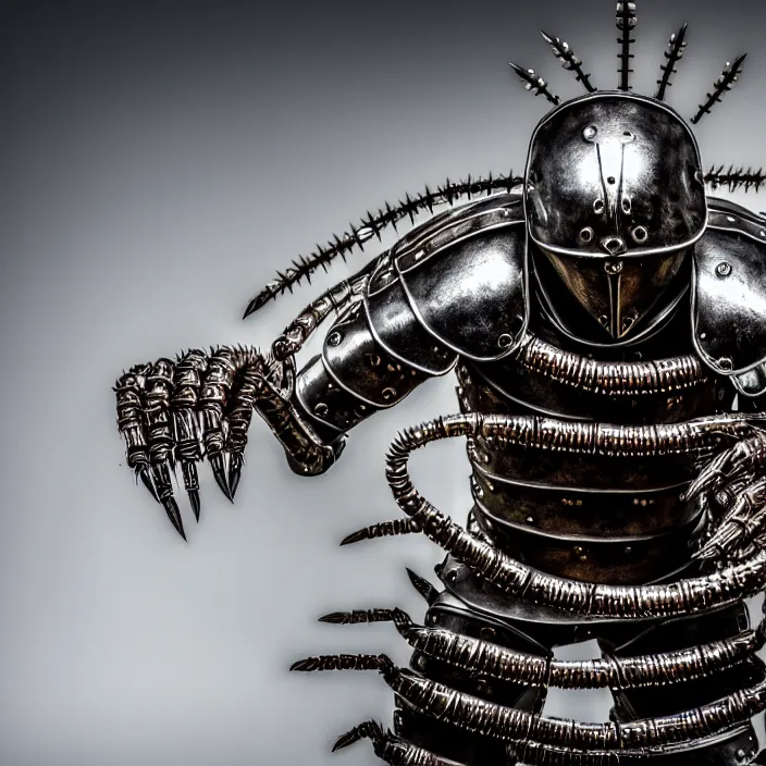 Image similar to photo of a warrior with metal centipede themed armour, highly detailed, 4 k, hdr, smooth, sharp focus, high resolution, award - winning photo
