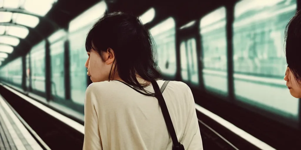Image similar to vfx film closeup couple in a train station flat color profile low - key lighting award winning photography arri alexa cinematography, cinematic beautiful natural skin, famous face, atmospheric cool color - grade