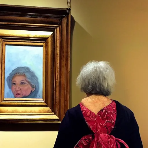 Image similar to old woman staring at a painting of her younger self