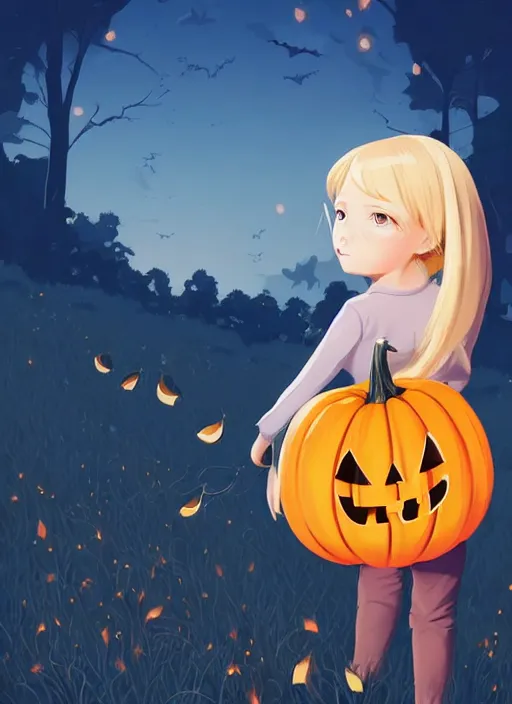 Image similar to little girl with long blonde hair holding a pumpkin. bats in the background. clean cel shaded vector art. shutterstock. behance hd by lois van baarle, artgerm, helen huang, by makoto shinkai and ilya kuvshinov, rossdraws, illustration, art by ilya kuvshinov