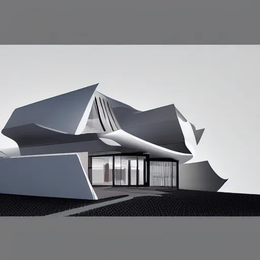 Prompt: moder house in style of zaha hadid, 8 k vector render, real photo