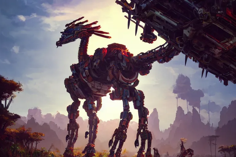 Image similar to tallneck machine mecanical creature robot of horizon forbidden west horizon zero dawn radiating a glowing aura global illumination ray tracing hdr fanart arstation by ian pesty and alena aenami artworks in 4 k