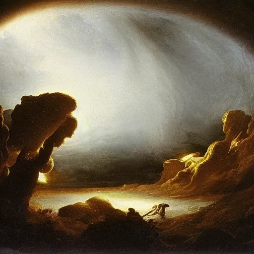 Prompt: by jacob van ruisdael funereal. a beautiful land art of a black hole consuming a star.