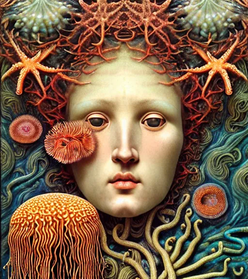 Image similar to hyperrealistic detailed underwater face portrait of the beautiful god of the jellyfish with an intricate headgear of corals, sea kelp, sea plants, fish, starfish, jellyfish, art by ernst haeckel, victor ngai, john william godward, android jones, gothic, neo - gothic, ornamental, beautiful deep colours,