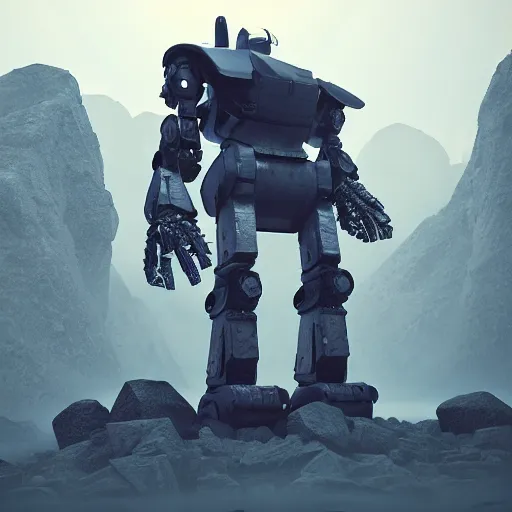 Prompt: a giant robot made out of rocks standing on mountains during foggy weather and a planet in the backround, award winning, trending on artstation, unreal engine