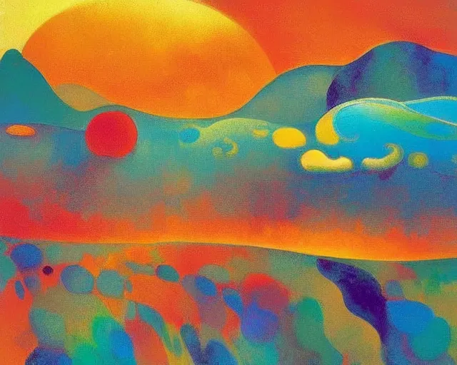 Image similar to An insane, modernist landscape painting. Wild energy patterns rippling in all directions. Curves, organic, zig-zags. Mountains, clouds. Rushing water. Waves. Psychedelic dream world. Odilon Redon. Agnes Pelton. Peter Max.